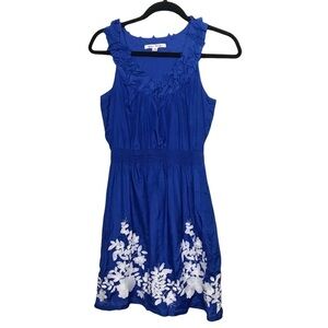 Blue Tassel Blue Silk Cotton Blend Sleeveless Embroidered Floral Dress